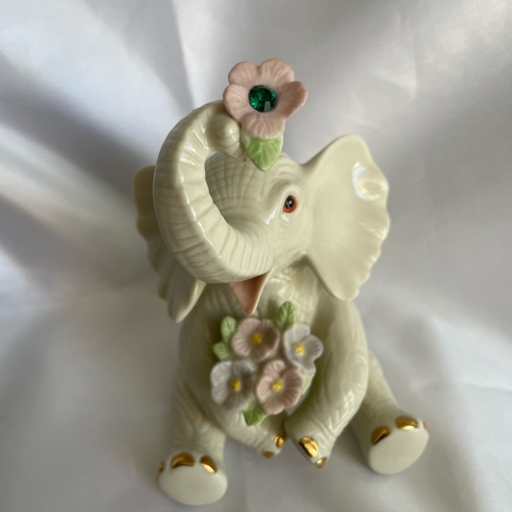 Lenox Jewels Collection Sitting Elephant with Flowers Figurine Green Jewel